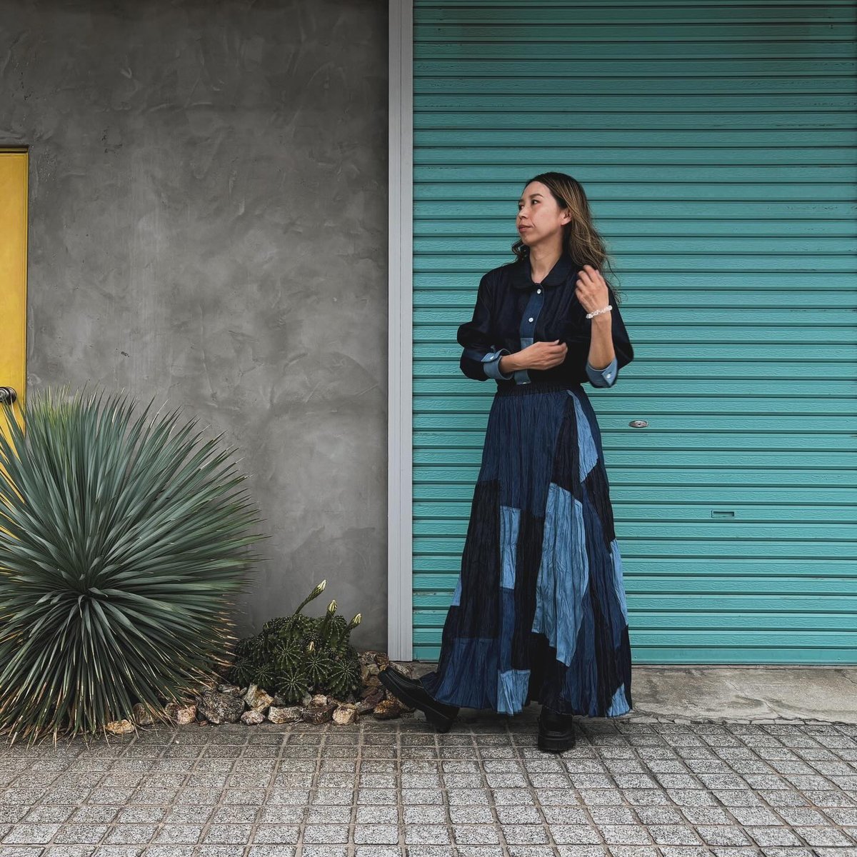  MAIL ベイクドクリンクルスカート 黒色 ベイクド・クリンクル・デニムスカート 】Patchwork | RIVER MAIL STORE