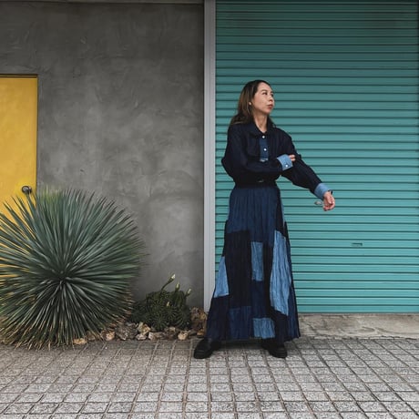 【Baked Crinkle Denim Skirt】Patchwork