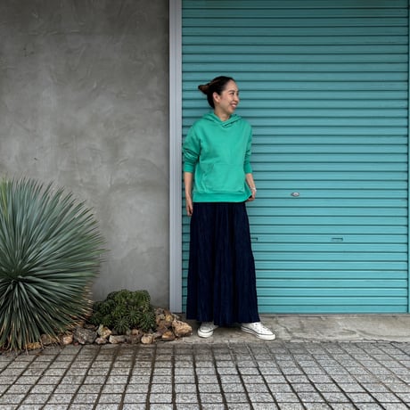 【ベイクド・クリンクル・デニムスカート】"Green Over Dye" ウエストヒモ+ポケット付 80cm ※残り１点