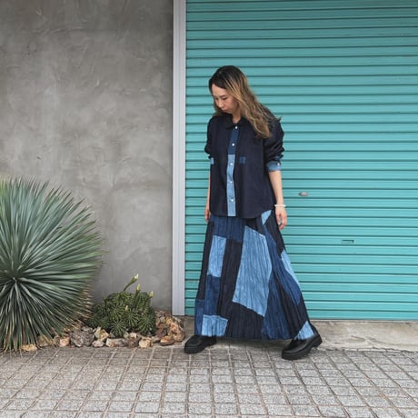 【Baked Crinkle Denim Skirt】Patchwork