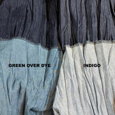 【ベイクド・クリンクル・デニムスカート】"Green Over Dye" ウエストヒモ+ポケット付 80cm ※残り１点