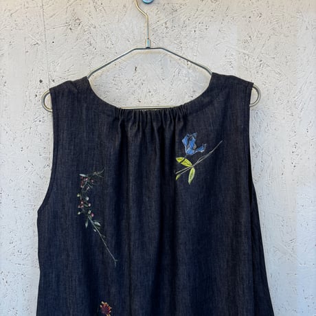 【Botanical Garden Denim / Sleeveless One-Piece】  White / Indigo