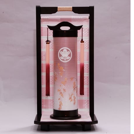 盆提灯　雅　しだれ桜柄市松（桃）家紋入り