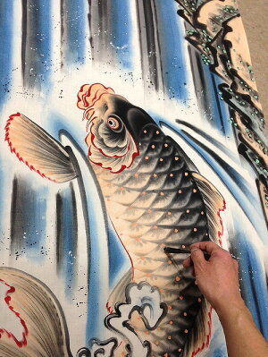 いわき絵のぼり 鯉の滝登り 室内幟壁掛け（H170×W70cm 棒80㎝）立身