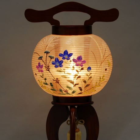 盆提灯　欅6号絹一重　手描き桔梗にススキ蒔絵木製提灯　【送料無料】【web特別価格】
