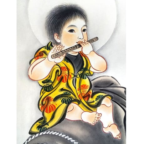 いわき絵のぼり　笛吹童子　室内幟壁掛け（H170×W70cm）心豊かな人生祈願