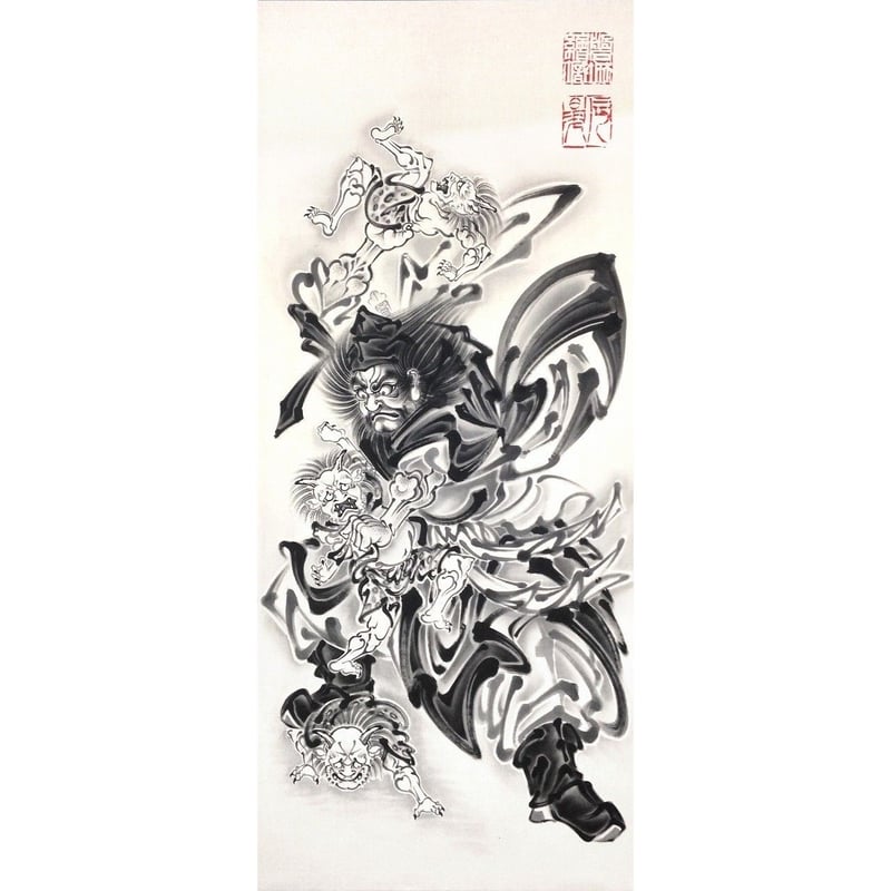 時代物　鍾馗の図ののぼり旗　古布　綿　書画、骨董品、 いわき絵のぼり 鐘馗（餓鬼退治）室内幟壁掛け（H170×W70 棒80cm