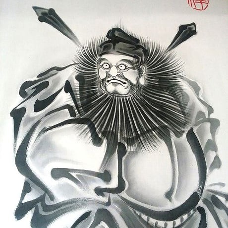 いわき絵のぼり　鍾馗（淡墨）室内幟壁掛け（H140×W70cm 棒80㎝）厄除け