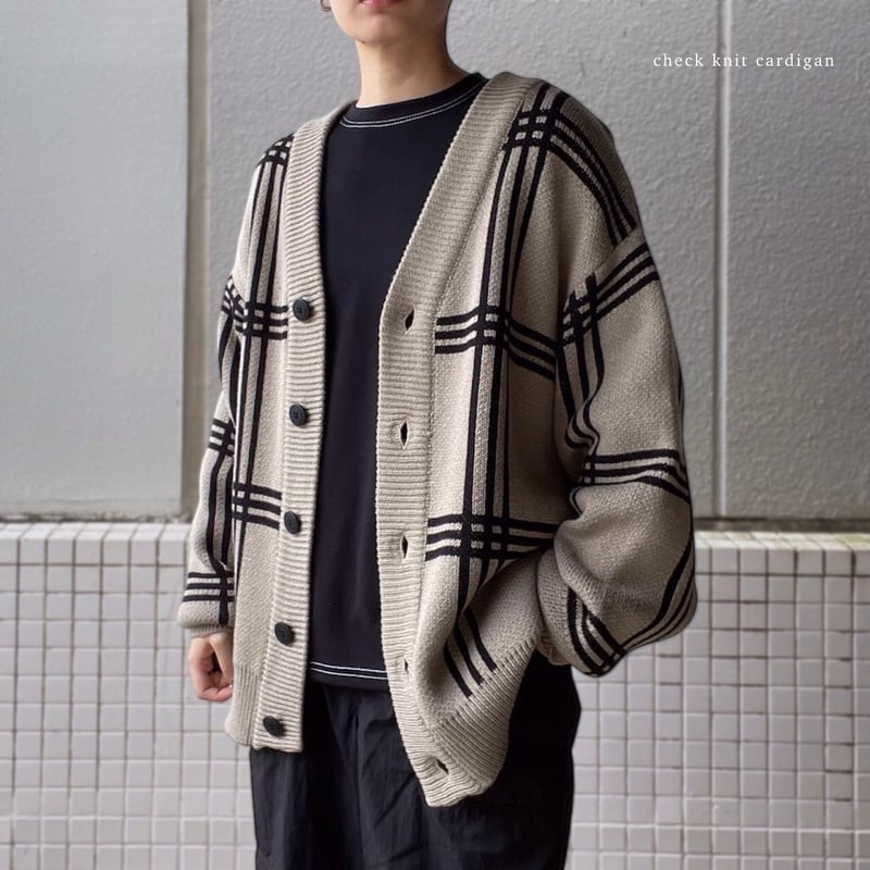 ブラック柄 棉カーディガン 全4色】 チェックBIG長袖ニットカーディガン 21708004 | VARG Gira