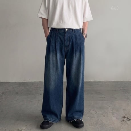 ツータック ヴィンテージ加工 デニムワイドパンツ　054320