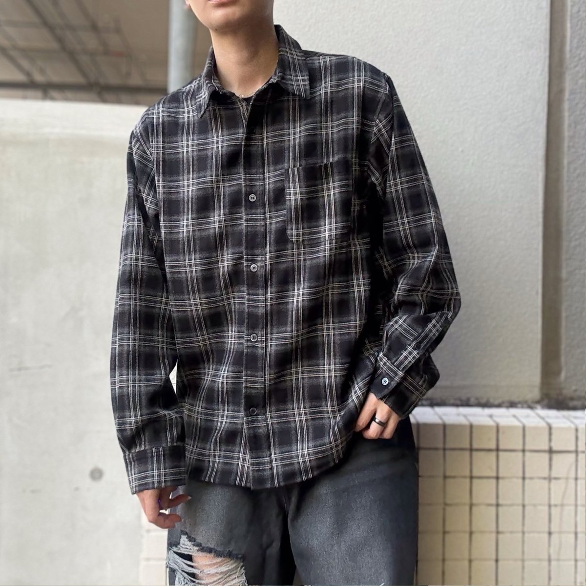 Text チェック柄 長袖シャツ ベージュ/ブラック チェック柄 長袖シャツ ベージュ系 カジュアルシャツ｜Yahoo!フリマ