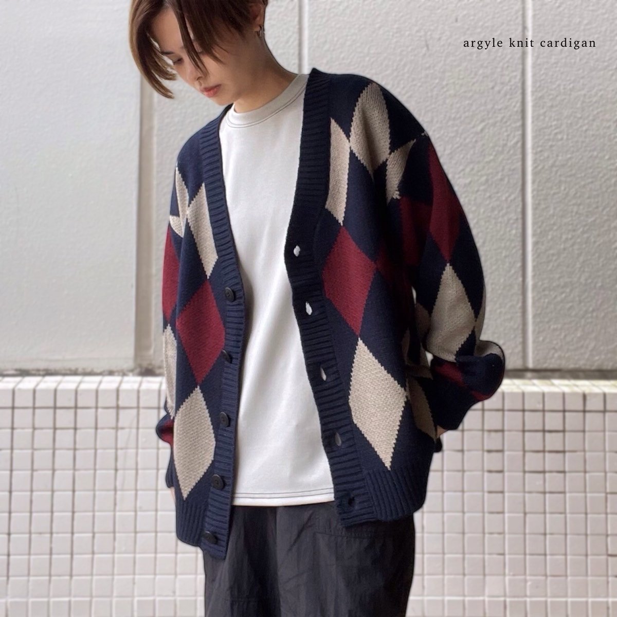 全5色】 アーガイルチェックBIG長袖ニットカーディガン 21708005