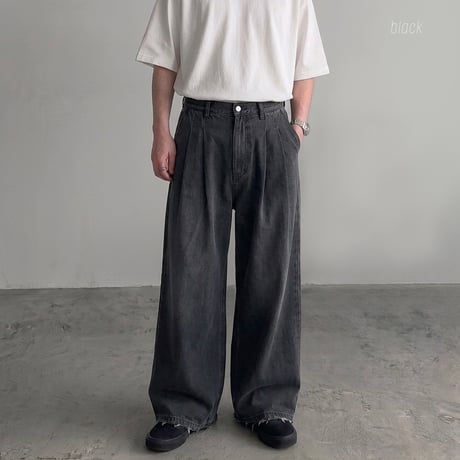 ツータック ヴィンテージ加工 デニムワイドパンツ　054320