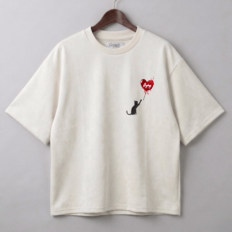 スウェードTシャツ ハート猫刺繍 半袖 カジュアル メンズ 262-3126