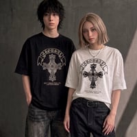 PUレザー クロスモチーフ 両面プリント半袖Tシャツ【オーバーサイズ / ストリート / ユニセックス】 N26-432-21G
