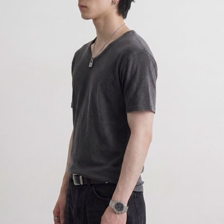 ピグメント加工 テレコ Vネック半袖Tシャツ【ショート丈 / タイト / ユニセックス】 235588