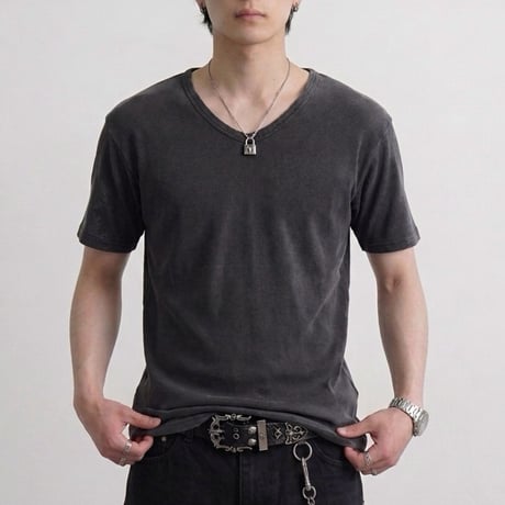 ピグメント加工 テレコ Vネック半袖Tシャツ【ショート丈 / タイト / ユニセックス】 235588