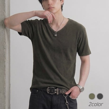 ピグメント加工 テレコ Vネック半袖Tシャツ【ショート丈 / タイト / ユニセックス】 235588