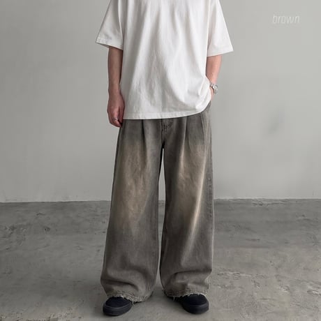ツータック ヴィンテージ加工 デニムワイドパンツ　054320