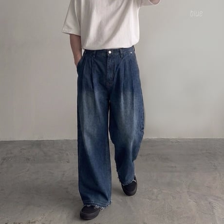 ツータック ヴィンテージ加工 デニムワイドパンツ　054320