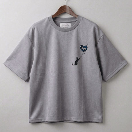 スウェードTシャツ ハート猫刺繍 半袖 カジュアル メンズ 262-3126