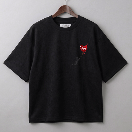 スウェードTシャツ ハート猫刺繍 半袖 カジュアル メンズ 262-3126