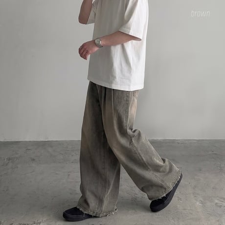 ツータック ヴィンテージ加工 デニムワイドパンツ　054320