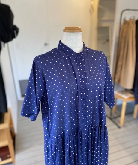 SOIL ソイル （レディース） / 80s COTTON VOILE DOT PRINT BANDED COLLAR S/SL DRESS 【ネイビードット】