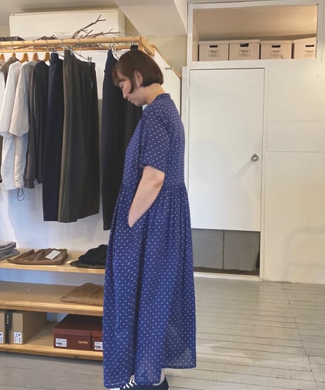 SOIL ソイル （レディース） / 80s COTTON VOILE DOT PRINT BANDED COLLAR S/SL DRESS 【ネイビードット】