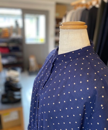 SOIL ソイル （レディース） / 80s COTTON VOILE DOT PRINT BANDED COLLAR S/SL DRESS 【ネイビードット】