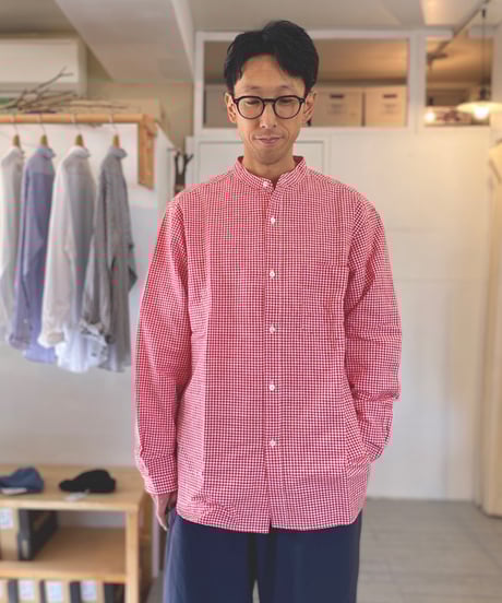 maillot マイヨ（ユニセックス）  / 【新型】SUNSET  GINGHAM NEW STAND COLLAR SHIRTS サンセットギンガムスタンドカラーシャツ 【スモールレッド】
