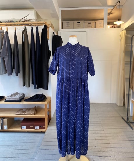 SOIL ソイル （レディース） / 80s COTTON VOILE DOT PRINT BANDED COLLAR S/SL DRESS 【ネイビードット】