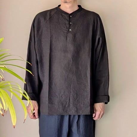 《 MEN 》 maillot mature / Canvas Linen Henley BB Shirt ( BLACK )