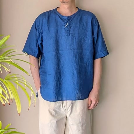 《 MEN 》 RINEN / 60/1リネンローン 半袖ヘンリーネックシャツ ( ブルー )