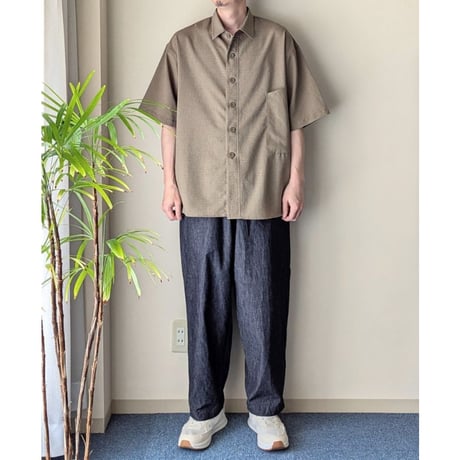 《 MEN 》maillot / Shadow Check Short-Sleeves Big Shirt ( BEIGE )