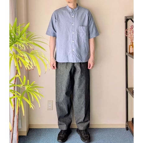 《 UNISEX 》 RINEN / 80/1+50/1強撚平織 半袖ラグランスタンドカラーシャツ ( ハケメ )