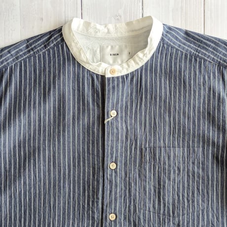 《 UNISEX 》RINEN / 40/1オーガニックブロードストライプ クレリックスタンドカラーシャツ ( ネイビー )