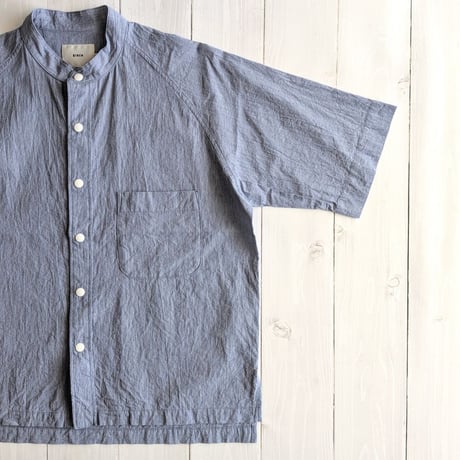 《 UNISEX 》 RINEN / 80/1+50/1強撚平織 半袖ラグランスタンドカラーシャツ ( ハケメ )