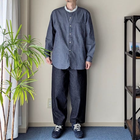 《 UNISEX 》RINEN / 40/1オーガニックブロードストライプ クレリックスタンドカラーシャツ ( ネイビー )