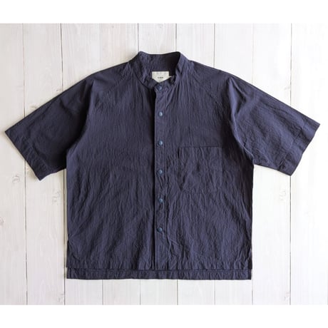 《 UNISEX 》 RINEN / 80/1+50/1強撚平織 半袖ラグランスタンドカラーシャツ ( ネイビー )