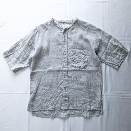《 Unisex 》RINEN / 40/1強撚リネン平織 半袖ラグランバンドカラーシャツ ( ライトグレー )