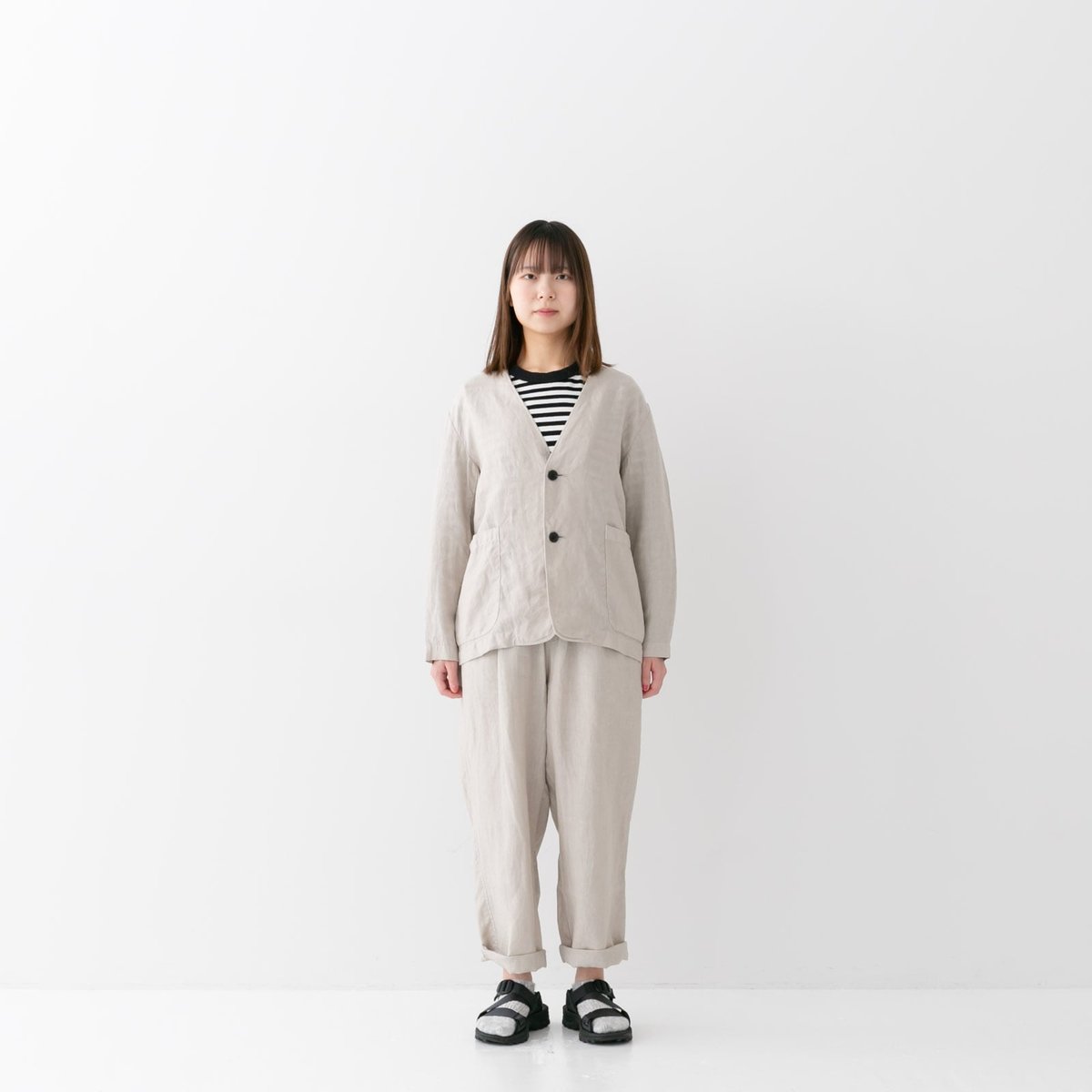 RINEN ノーカラージャケット サイズ2 ブラウン 極美品 UNISEX 》RINEN / 40/1リネン平織 ノーカラージャケット ( サンド )
