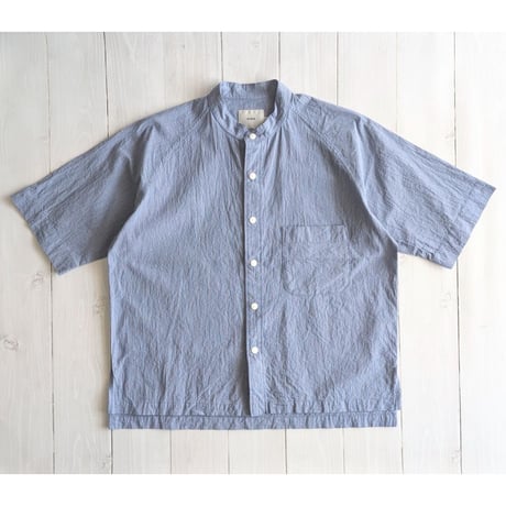 《 UNISEX 》 RINEN / 80/1+50/1強撚平織 半袖ラグランスタンドカラーシャツ ( ハケメ )