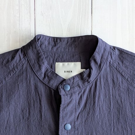 《 UNISEX 》 RINEN / 80/1+50/1強撚平織 半袖ラグランスタンドカラーシャツ ( ネイビー )