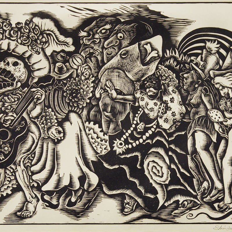 竹田鎭三郎「メキシコのカーニバル」木版 1974年 E.P 200部制作