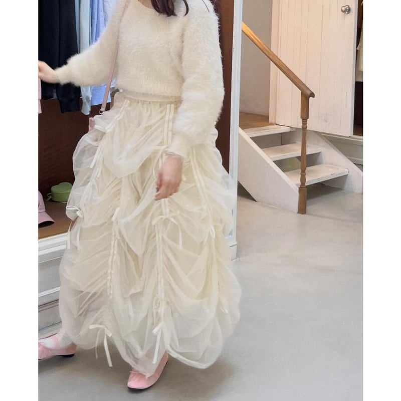 Ballerina” drawstring ribbon skirt (ivory) | T 