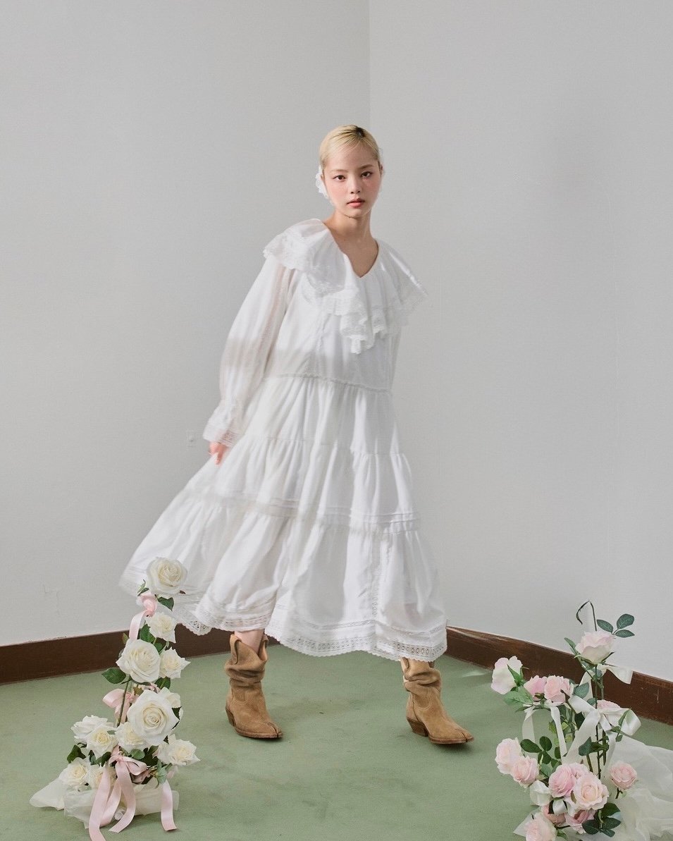 lace frill collar cotton long one piece | Treat