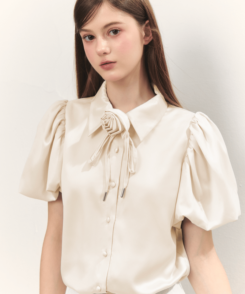 トップス TreatUrself Rosechokersatinpuffblouse Rose choker satin puff blouse (pink) | Treat ür