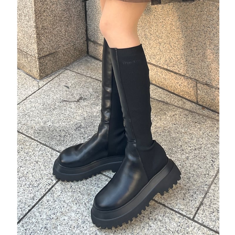 original knit leather slim boots | Treat ürself