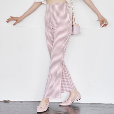 gingham check stretch pants(lavender pink)